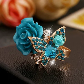Nye 6-farve harpiks Krystal-Sommerfugl i Rose Gold justerbar kvindelige bryllup fashion statement ring 6529
