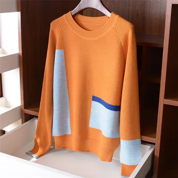 Nye ankomst ren uld Oneck strik kvinder mode patchwork tyk pullover sweater S-L engros-retail 4235