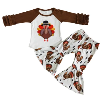 Nye Ankomst tyrkiet print skjorte og bell bukser, tøj piger, boutique tøj, pige Thanksgiving stil 2stk 15379