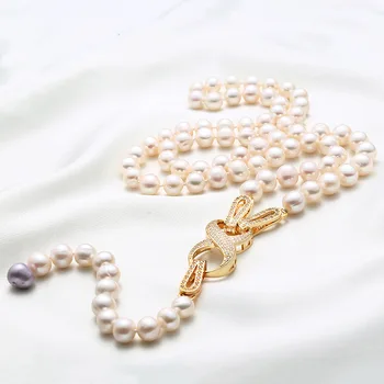 Nye koreanske version af naturlige ferskvands perle sweater kæde runde og stærke lys sterling sølv tilbehør