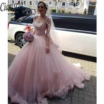 Pink Quinceanera Kjoler Lace up Back Sweep Train Pynt Perler Aften Part Sweet 16 Prom Kjoler Plus Size brudekjoler 13742
