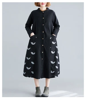 Plus størrelse vindjakke kvinders lange efteråret tøj litterære retro udskrivning løs bomuld casual vilde trench coat D336