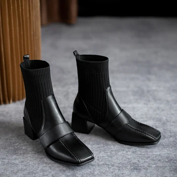 PU Læder Støvler Kvindelige Efterår og Vinter Pels Enkelt Boot 2020 Ny Stil Sort Chelsea Støvler til Kvinder Hæl Ankel Sok med Chunky Støvler