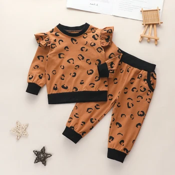 Pudcoco Toddler Baby Pige Tøj Efteråret Leopard Print Lange Ærmer Flæsekanter Pullover Toppe Elastisk Talje Bukser 2stk Baby Tøj