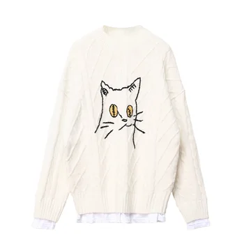 SAYTHEN Sort kat twist halvdelen rullekrave luksus sweater kvinder løs dovne stil pullover vinter overtøj kabel-strikket sweater 20786