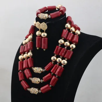 Trendy Guld Nigerianske Dubai Traditionelle Bryllup Smykker Sæt Perler Smykke Sæt Vin Rød Koral Beaded Brude Smykker Sæt ABH474