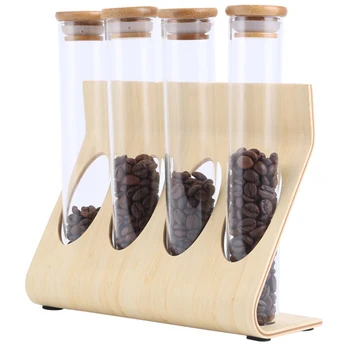 Træ-kaffebønner, Te Display Rack Stå Glas Reagensglas Forseglet Opbevaring Dekorative Ornamenter Korn Beholder Barista 8937