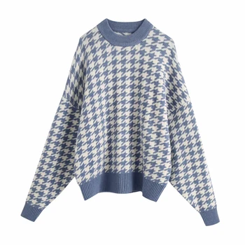 Vintage Chic Houndstooth Plaid Strikkede Pullovers Kvinder Mode O-Hals Sweater Kvinder Casual Streetwear Toppe 13834
