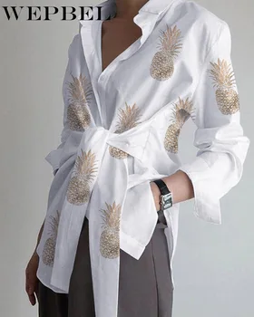 WEPBEL Fashion Kvinder Efteråret Lange Ærmer Print-Knap Nede Skjorte Bluse Top Casual Enkelt Breasted Shirt med Bælte 326