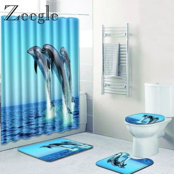 Zeegle Dolphin Mønster bademåtte til Badeværelse med Brusebad Gardin 4STK Toilet Låg Cover Badeværelse gulvmåtter Microfiber Toilet Tæppe 24525