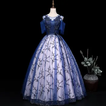 ægte blå blomster print lang kjole kjole prinsesse middelalderlige kjole Renæssance Kjole Victoria/Antoinette/belle 42130
