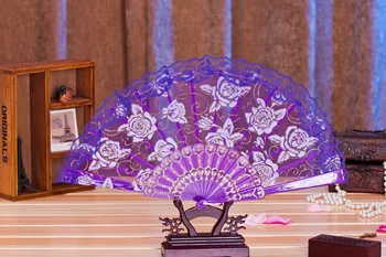 100pcs spansk stil rose flower design plastik ramme, blonder, silke hånd, loftvifte, Kinesisk håndværk folde fan wen4511