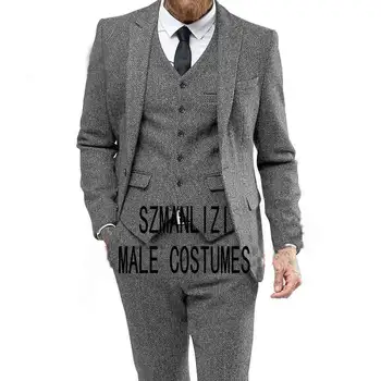 2020 Kostume Mariage Homme Blå Tweed Vinter Mænd Jakkesæt Til Bryllup Skræddersyet Gommen Tuxedo Business-3 Stykker Passer For Mænd