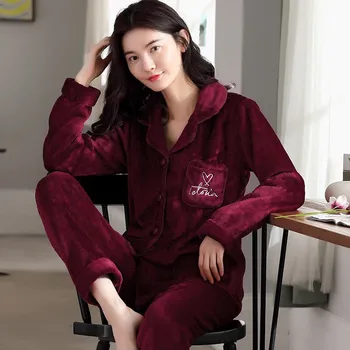 2020 Vinter Pyjamas Sæt Til Kvinder Tykkere Varm Blød, Casual Løs Flannel Kvindelige Nattøj Lange Ærmer Nattøj
