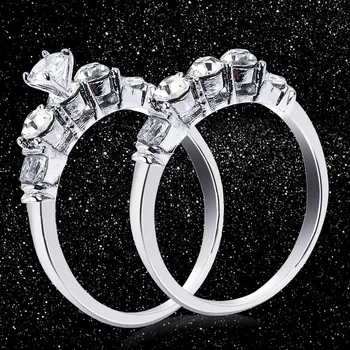 2stk Mode Elegant Sølv Farve Engagement Ring Zircon Krystal Rhinestone Ringe Sæt Til Kvinder, Mænd Smykker Gave