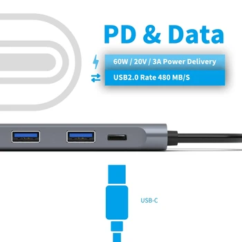 5 i 1 Type C-HUB til HDMI 4K USB 3.0 2.0 USB-C PD 60W Opladning o for Pro/Air Samsung med USB-C Bærbar