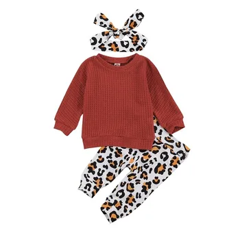 Børn Piger Sweater Passer, Lange Ærmer Rund Hals Top med Leopard Mønster Lange Bukser med Hårbånd til Efteråret 2stk Outfit