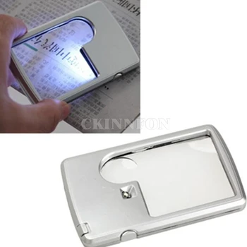 DHL 100PCS Kreditkort 3x 6x Forstørrelse LED Lys Smykker Lup Lup + Læder etui (Farve: Sølv)