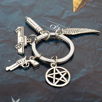 Dongsheng Overnaturlige Symbol Logo Metal nøglering Nøglering Pentagram Bil Pistol Charms Vedhæng Nøglering llaveros gaver -50