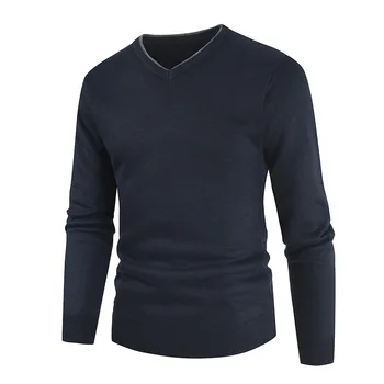 Efteråret og Vinteren Ny Stil Mænds Casual V-Neck Plus Velvet Pullover Sweater Mode Solid Farve Trøje