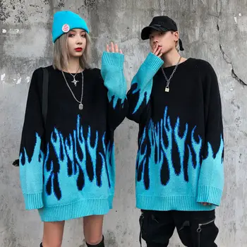 High Street Flamme Jacquard Løs Pullovere Par Strikkede Streetwear Hiphop Stil Overdimensionerede Casual Kvinde Sweater Falde 2020