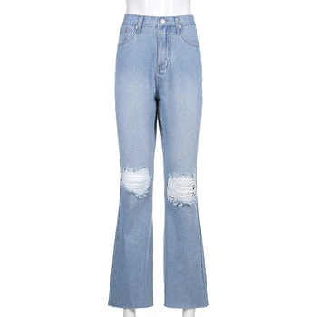 Højtaljede Mode Rippe Blue Flare Jeans Til Piger Kvindelige Casual Kvinders Vintage Denim Bukser Varme Harajuku Capri
