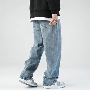 Japanske herretøj Falde Ny Simpel, Solid Jeans til Mænd Vask Bred Løs Lige Bukser