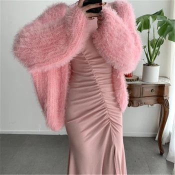 Kvinder Pink Kint Sweater Jakker Falder Vinter Koreanske Løs V-Hals Lanterne Ærme Cardigans Til Kvinder Furry Strikket Outwear