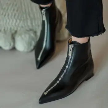 Lenkisen koreanske piger ægte okselæder streetwear europæiske tyk lav hæl spidse tå front lynlås skønhed-lady-ankel støvler L88