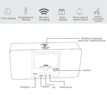 Moderne Alarm USB-Opladning, Multi-Funktion Oplader LED Digital Termometer, Ur Digital Vækkeur 3 i 1 Træ