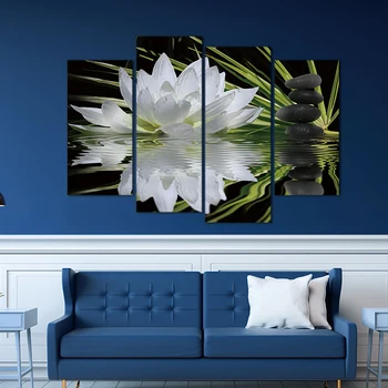 Moderne Lærred Stue Pictures Home Decor 4 Panel Hvid Lotus Blomster Maleri Væg Kunst, Modulære Plakat HD-Trykte
