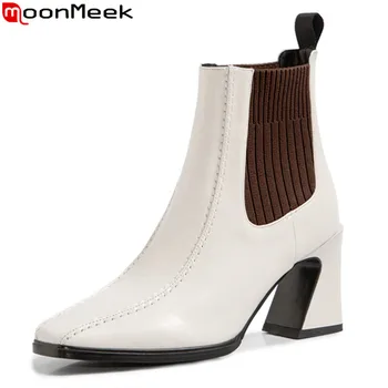 MoonMeek 2020 Nye ankomst høje hæle damer sko i ægte læder støvler efterår og vinter slip-on ankel støvler til kvinde