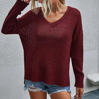 Ny kvinde trøjer Løs ensfarvet langærmet Split Høj Lav Hem Strikket Sweater женские свитера свитер женский оверсайз 2020