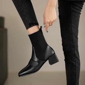 PU Læder Støvler Kvindelige Efterår og Vinter Pels Enkelt Boot 2020 Ny Stil Sort Chelsea Støvler til Kvinder Hæl Ankel Sok med Chunky Støvler