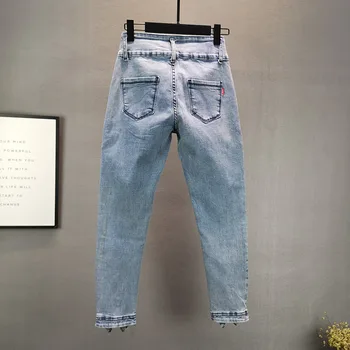 Rhinestone patchwork kvinder jeans vinter nye høj talje slank-knappen lomme tynde solid ankel længde kvindelige jeans top kvalitet