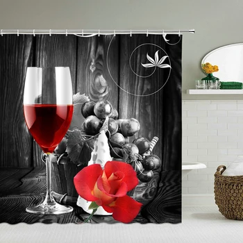 Romantisk Røde Vin badeforhæng Vandtæt Badeværelse Gardin 3d-Print Polyester stof Med Kroge Dekoration Badeværelse Skærm