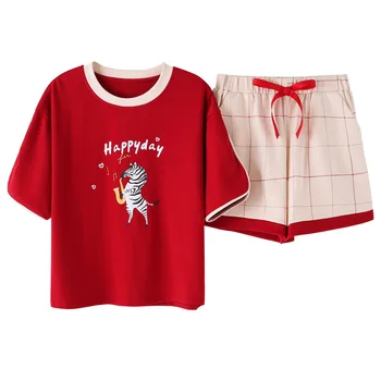 Sommeren Søde Røde 2 Stykker Kvinder Pyjamas Sæt Dejlig Top + Shorts Bomuld Pige Loungewear Nattøj Kæreste Gave Homewear Passer Til