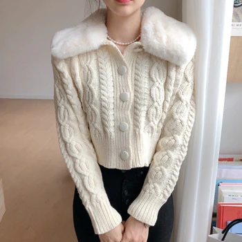ZCSMLL Korea Smarte Efteråret og Vinteren Stor Revers Bløde Syninger Single-breasted Twist Kort Strikket Cardigan Sweater Kvinder