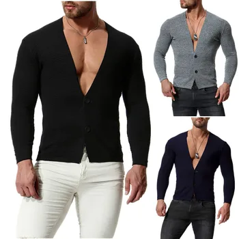 2020 Efteråret New Style Unge Mænd Solid Farve Slim Fit Strikket Cardigan Sweater Frakke Base Shirt Xym010