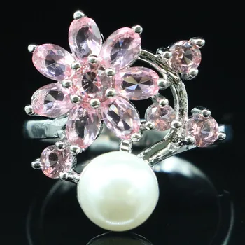 20x17mm SheCrown Smukke Skabt Pink Morganite Hvid Perle Gave Til Damer Sølv Ringe