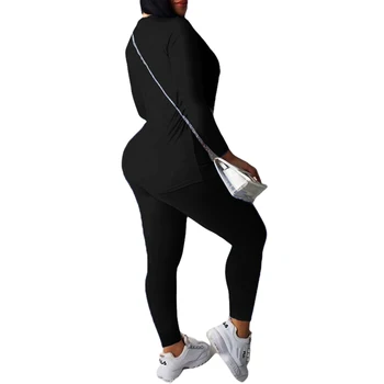 2stk Sport sæt Kvinders Langærmet O-hals Top Lange Bukser, der Passer Elastisk Solid farve Casual Overtøj Træningsdragt Sæt