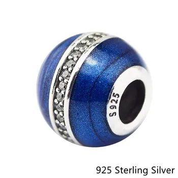 925 Sterling Sølv Smykker Bane Charme Midnat Blå Emalje og Klare CZ-Perlen Passer Mærke, Armbånd, Vedhæng Til Kvinder Smykker