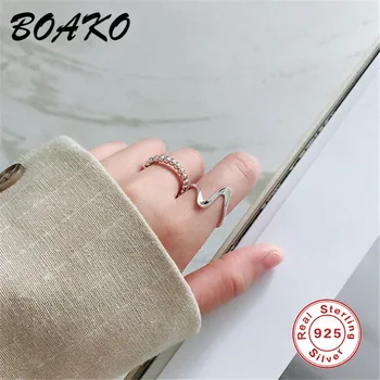 BOAKO Ægte 925 Sterling Sølv Ringe for Kvinder Smykker Minimalistisk Enkle Geometriske Linje Bølge Åbning Ring Justerbar Ring Finger