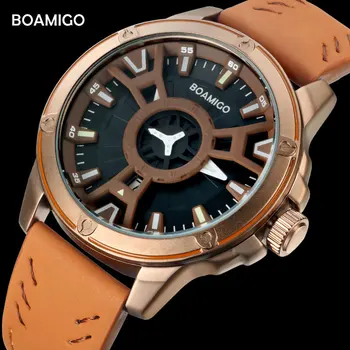 BOAMIGO brand-mænd mode ure læder quartz ure 3D Hule armbåndsure 3 bar vandtæt mænd ur Relogios Masculino