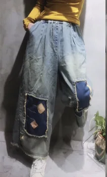 Bomuld denim patch kvast bred ben bukser kvindelige litterære retro casual løs elastisk talje jeans