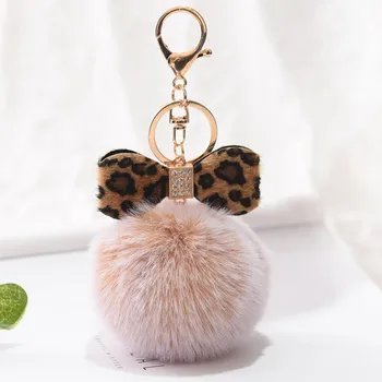 Den nyeste mode kvinders taske nøgle kæde vedhæng leopard bue POM-tasten ring bil tilbehør plys bold vedhæng