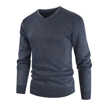 Efteråret og Vinteren Ny Stil Mænds Casual V-Neck Plus Velvet Pullover Sweater Mode Solid Farve Trøje