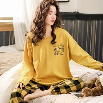 Koreanere Blød Løs Ternet langærmet Pyjamas Forår Og Efterår søde Søde Ydre Slid Hjem Ternet Pyjamas Til Kvinder