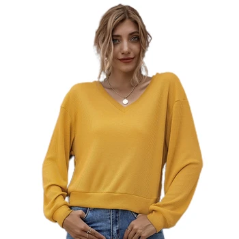 Kvinder med Lange Ærmer Strikket Sweater Sexet-V-hals Solid Løs Jumper, Pullover, Tunika