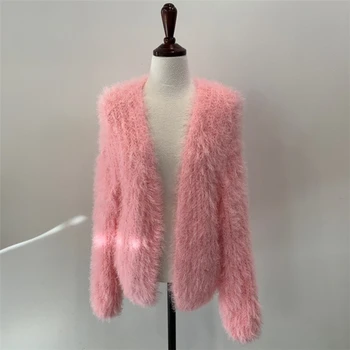 Kvinder Pink Kint Sweater Jakker Falder Vinter Koreanske Løs V-Hals Lanterne Ærme Cardigans Til Kvinder Furry Strikket Outwear